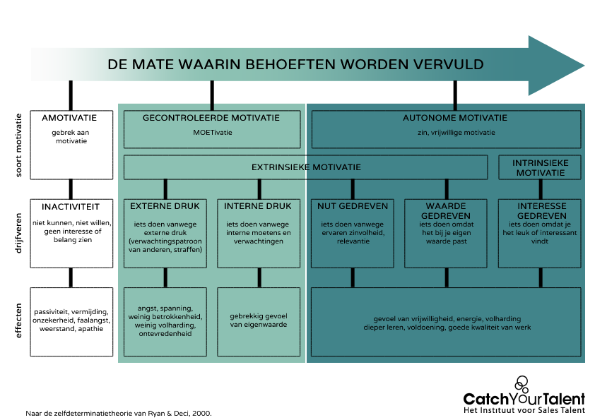 Leer meer over de soorten motivatie en de bijbehorende drijfveren en effecten met de Zelfdeterminatietheorie van Ryan en Deci, 2000.